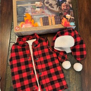 🦬 Buffalo Plaid vest & toboggan with NIB Fisher Price campfire/smore toy set 🦬
